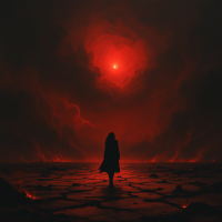 A solitary figure stands on a cracked landscape, gazing at a heart-shaped red glow in a dark, stormy sky, embodying the suffering of unrequited love.