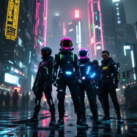 A group of futuristic explorers stands confidently in a vibrant, neon-lit cityscape, embodying the spirit of adventure and discovery amidst a misty, atmospheric setting.