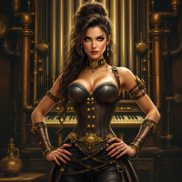 A confident woman in a stylish corset stands with her hands on her hips, exuding strength against a backdrop of vintage machinery, embodying the quote about strong women having standards.