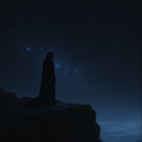 A cloaked figure stands on a cliff under a starry night sky, embodying the contemplation of human frailty inspired by the quote about not taking ourselves too seriously.