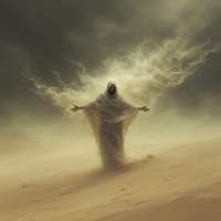 A robed figure stands in a windswept desert, arms outstretched, surrounded by swirling clouds and ethereal light, embodying the idea that choices reveal our true selves.