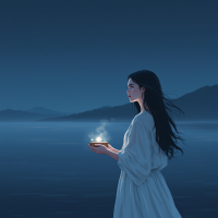 A woman in a flowing white garment stands by a serene lake at dusk, holding a glowing bowl that emits gentle wisps of light, embodying resilience against life's challenges.