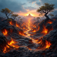 A dramatic landscape features fiery lava flowing through a rocky terrain, flanked by trees. In the distance, a mountain silhouette stands against a vibrant sunset, embodying the spirit of warriors of the Imperium.