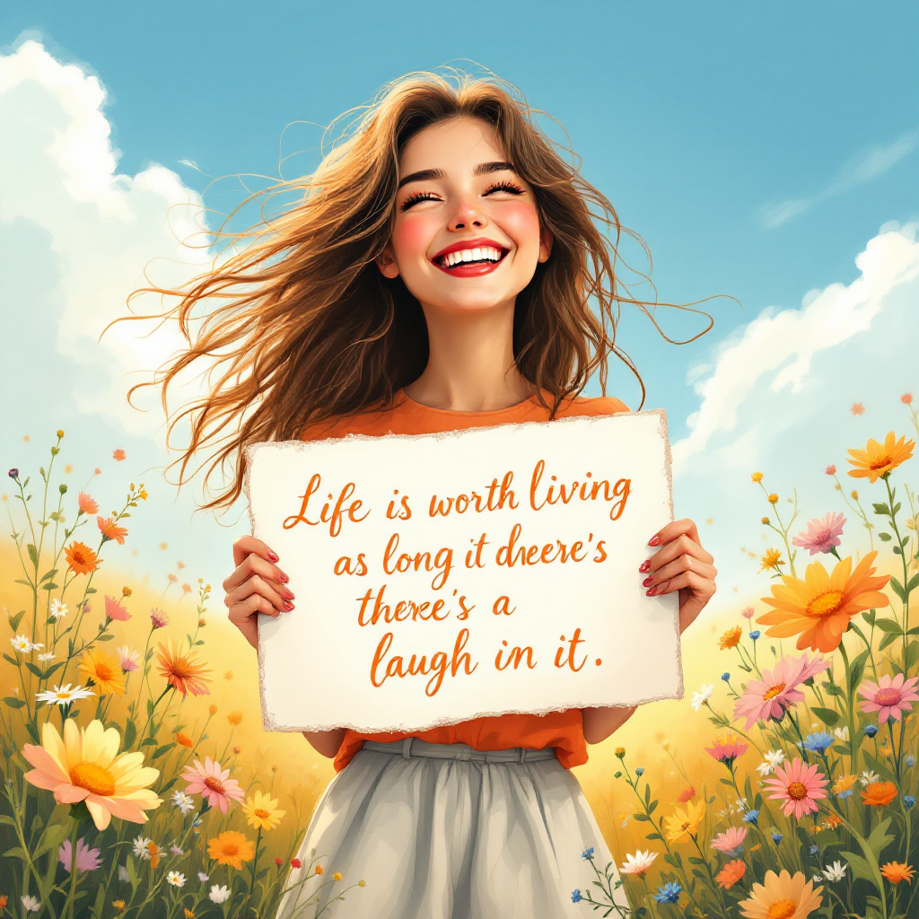 A cheerful woman with flowing hair holds a sign in a flower-filled field, featuring the quote: Life is worth living as long as there's a laugh in it. The sky is bright and blue.