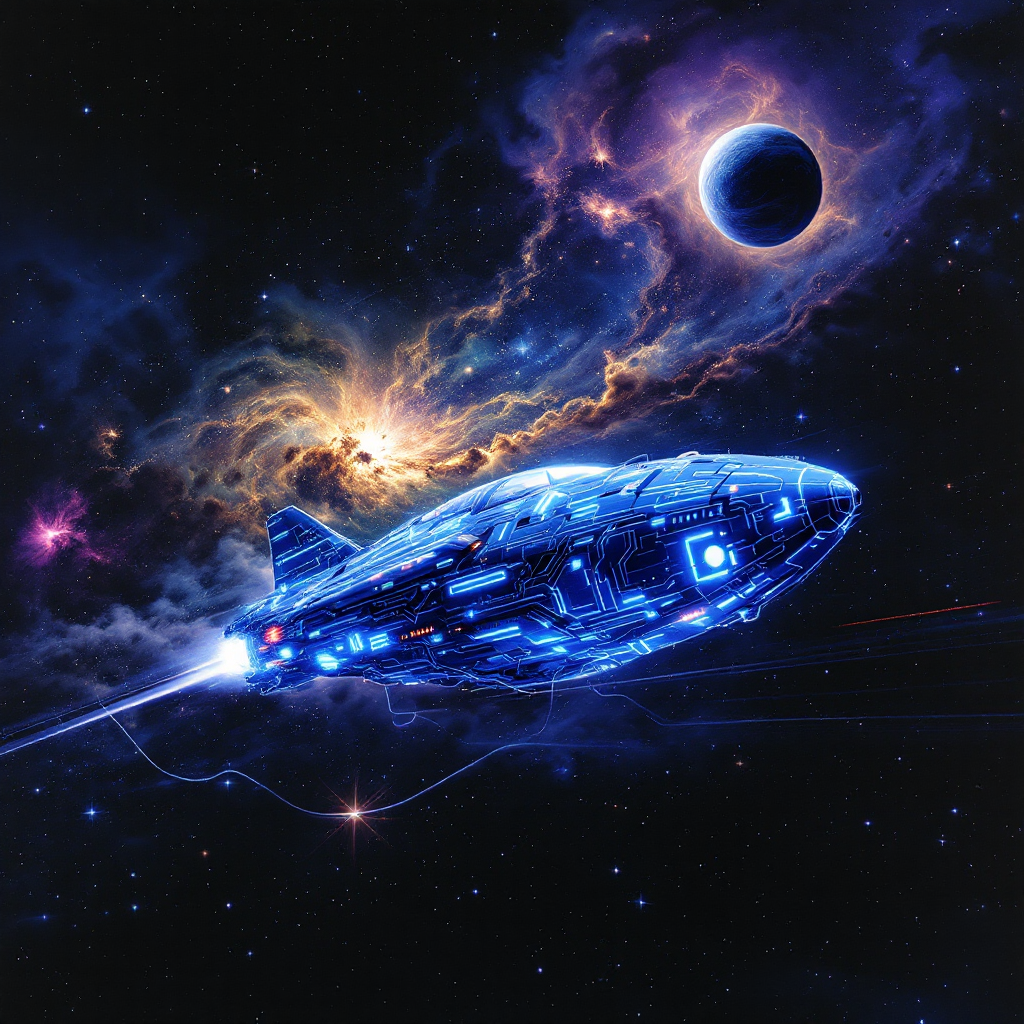 A futuristic spaceship glows with blue light as it navigates a cosmic landscape, filled with colorful nebulae and a distant planet, reflecting our fleeting brilliance in the vastness of space.