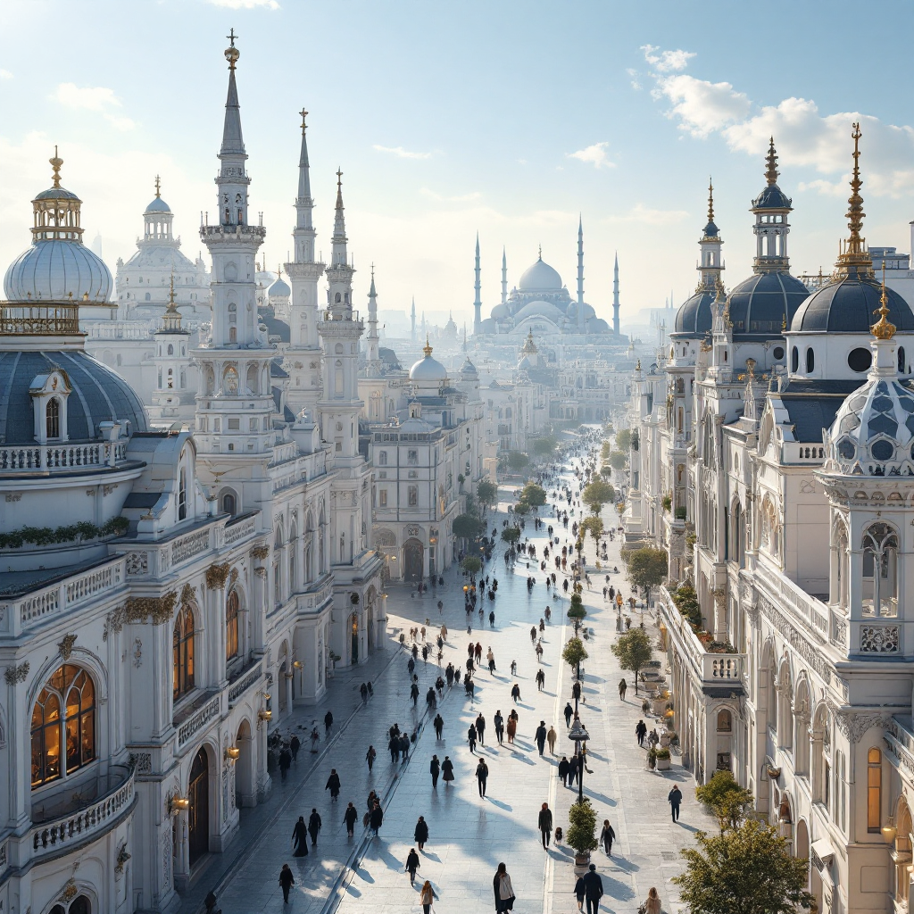 A vibrant, bustling street scene in a stunning white city, filled with ornate architecture, towers, and a multitude of people, echoing the fleeting dream of promise described in The White City.