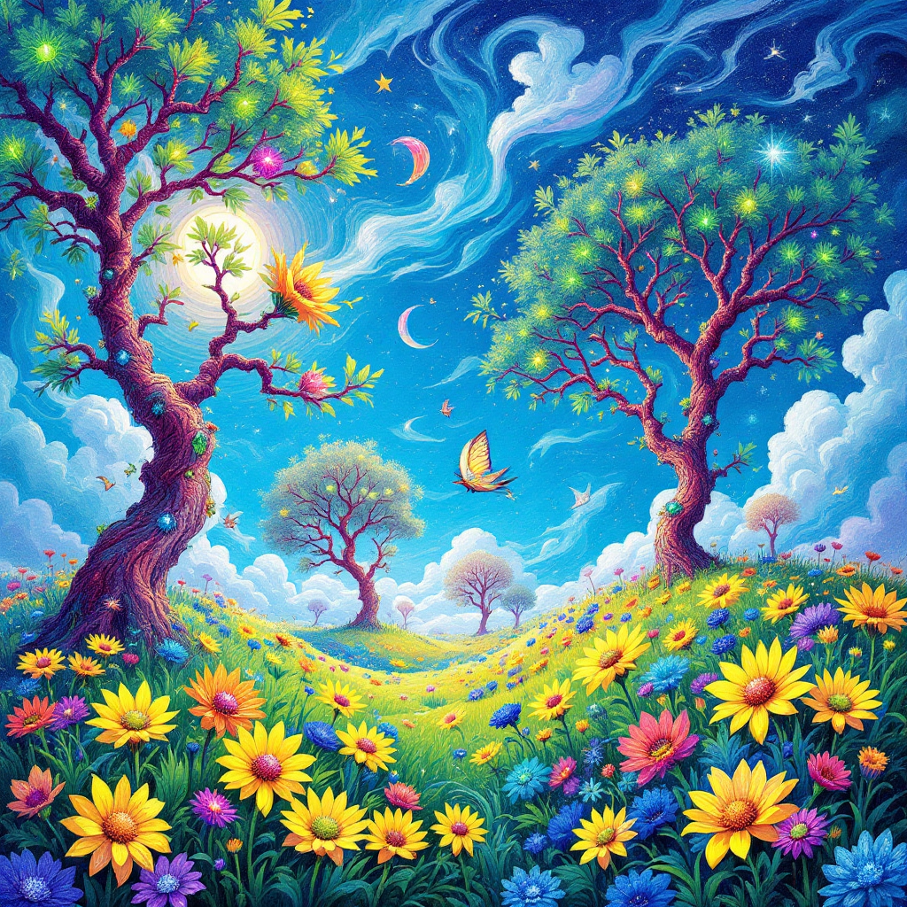 A vibrant landscape featuring two whimsical trees adorned with flowers, a butterfly in flight, and a sky filled with stars and swirling clouds, evoking acceptance of life's unchangeable aspects.