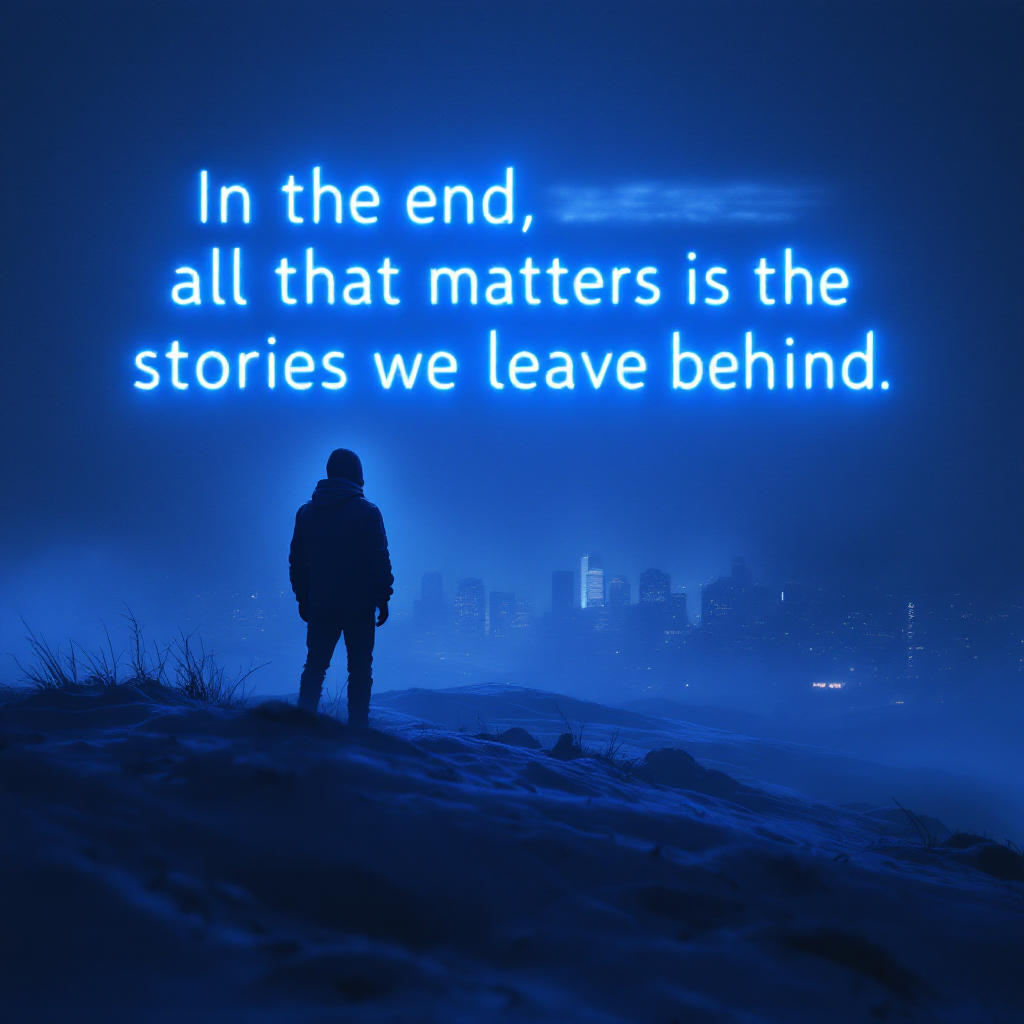 A solitary figure stands in a snowy landscape, silhouetted against a glowing blue backdrop with the quote: In the end, all that matters is the stories we leave behind.