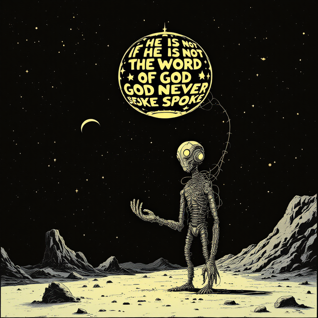 A surreal alien figure stands on a desolate landscape, holding a balloon with the quote, If he is not the word of God God never spoke, set against a starry night sky.