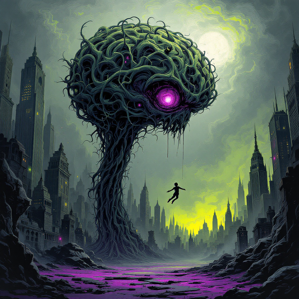 A colossal, twisted brain made of vines looms over a desolate cityscape, casting an ominous shadow as a lone figure hovers nearby, evoking the quote about being trapped in a dangerous mind.