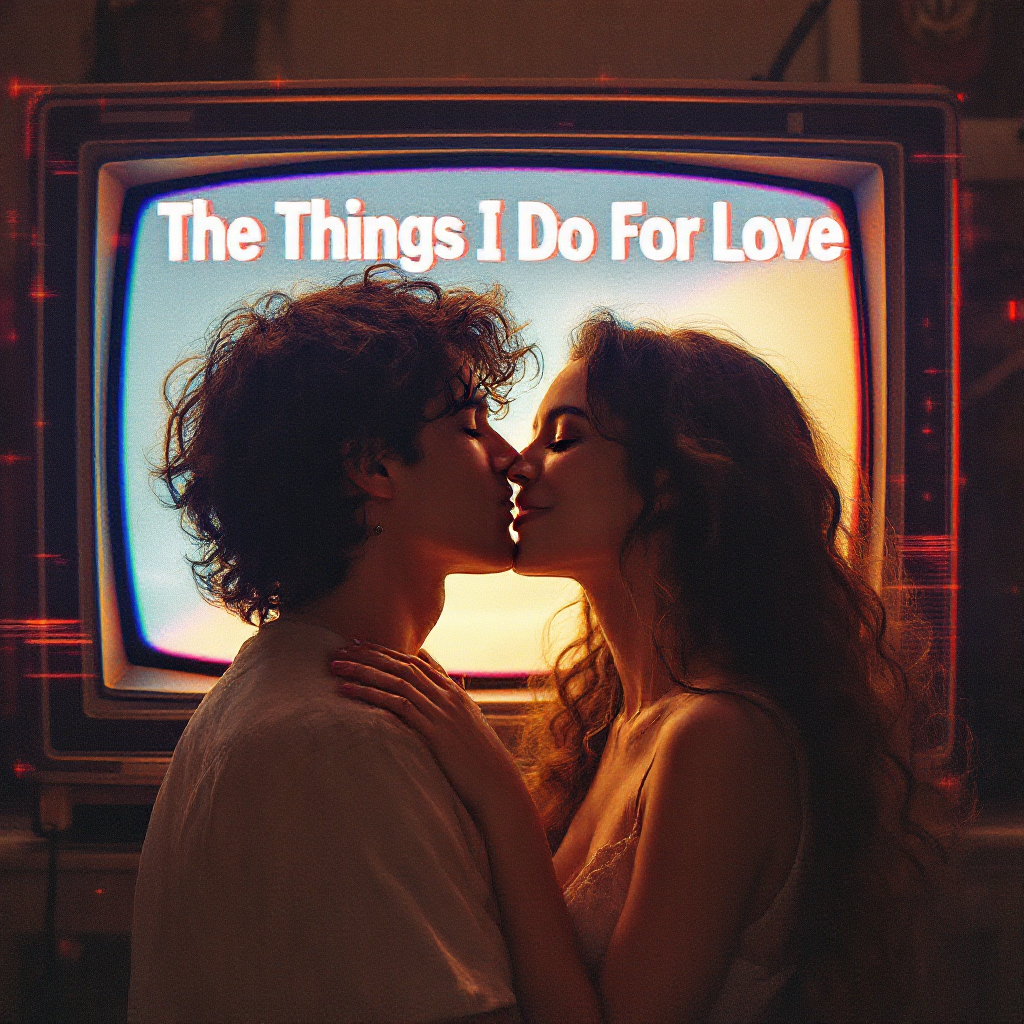 A close-up of a couple kissing in front of an old television screen displaying the text, The Things I Do For Love, capturing an intimate moment filled with emotion.