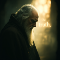 A solemn figure with a long beard and deep-set features stands in soft light, reflecting on the words The truth, evoking Dumbledore's contemplation of truth's dual nature.