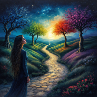 A woman stands at the beginning of a winding path, flanked by vibrant, colorful trees under a starry sky, embodying the quote, Memory is the basis of every journey.