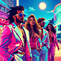 A vibrant scene of four stylishly dressed individuals walking together under a sunset, embodying the quote about love's brilliance contrasting human flaws.