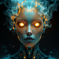 A futuristic humanoid figure with glowing orange eyes and ethereal smoke emanating from a cybernetic head, exudes an intense, captivating presence, resonating with the quote about breathless gazes.