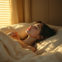 A serene young woman lies in bed, illuminated by soft morning light filtering through blinds, evoking a dreamlike state of tranquility and introspection.