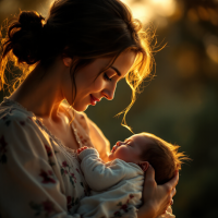 A tender moment of a mother gazing at her newborn in a warm, golden light, embodying the profound love that drives remarkable achievements despite life's challenges.