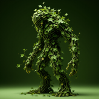 A towering, humanoid figure composed of intertwined vines and leaves stands amidst a verdant background, embodying strength and resilience in a harmonious blend with nature.