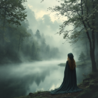 A figure in a flowing cloak stands beside a misty river, surrounded by dense trees, embodying the reflective contemplation of the quote: You cannot go home again, not as you were before.