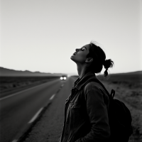 A young woman stands by a deserted road, gazing upwards, embodying the quote about art telling stories, with her contemplative expression and the vast landscape around her.