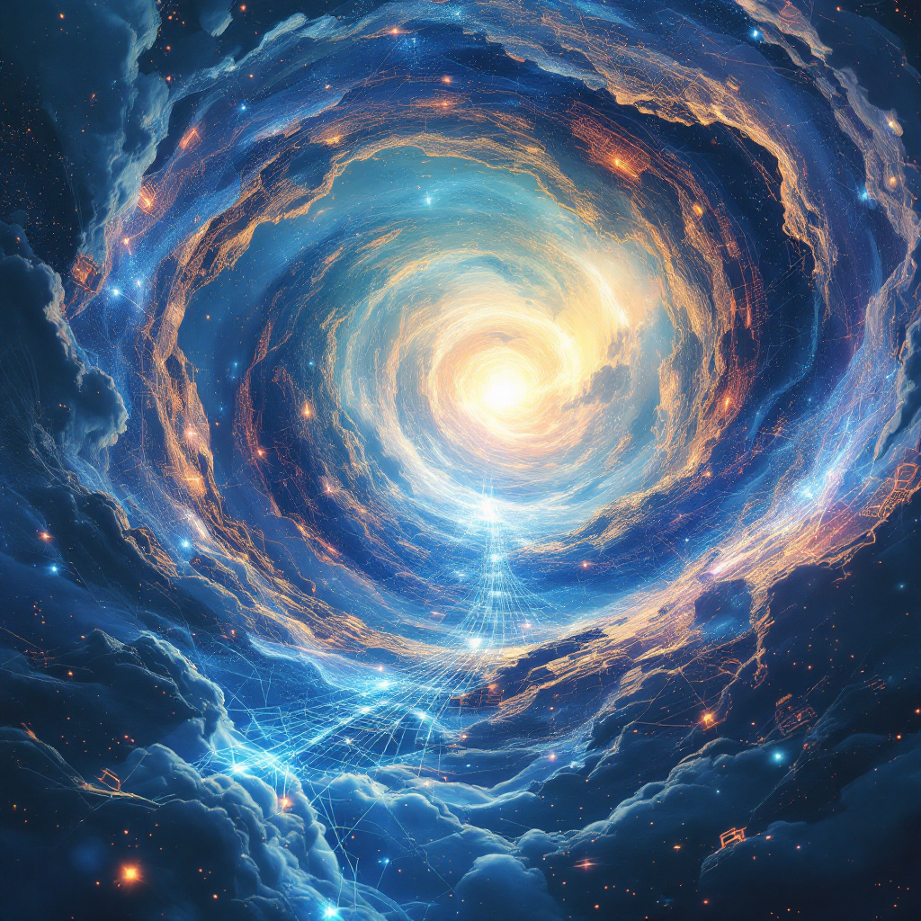 A swirling cosmic vortex of blue and gold light, representing the convergence of technology and consciousness, with electric arcs suggesting a vast interconnected intelligence.