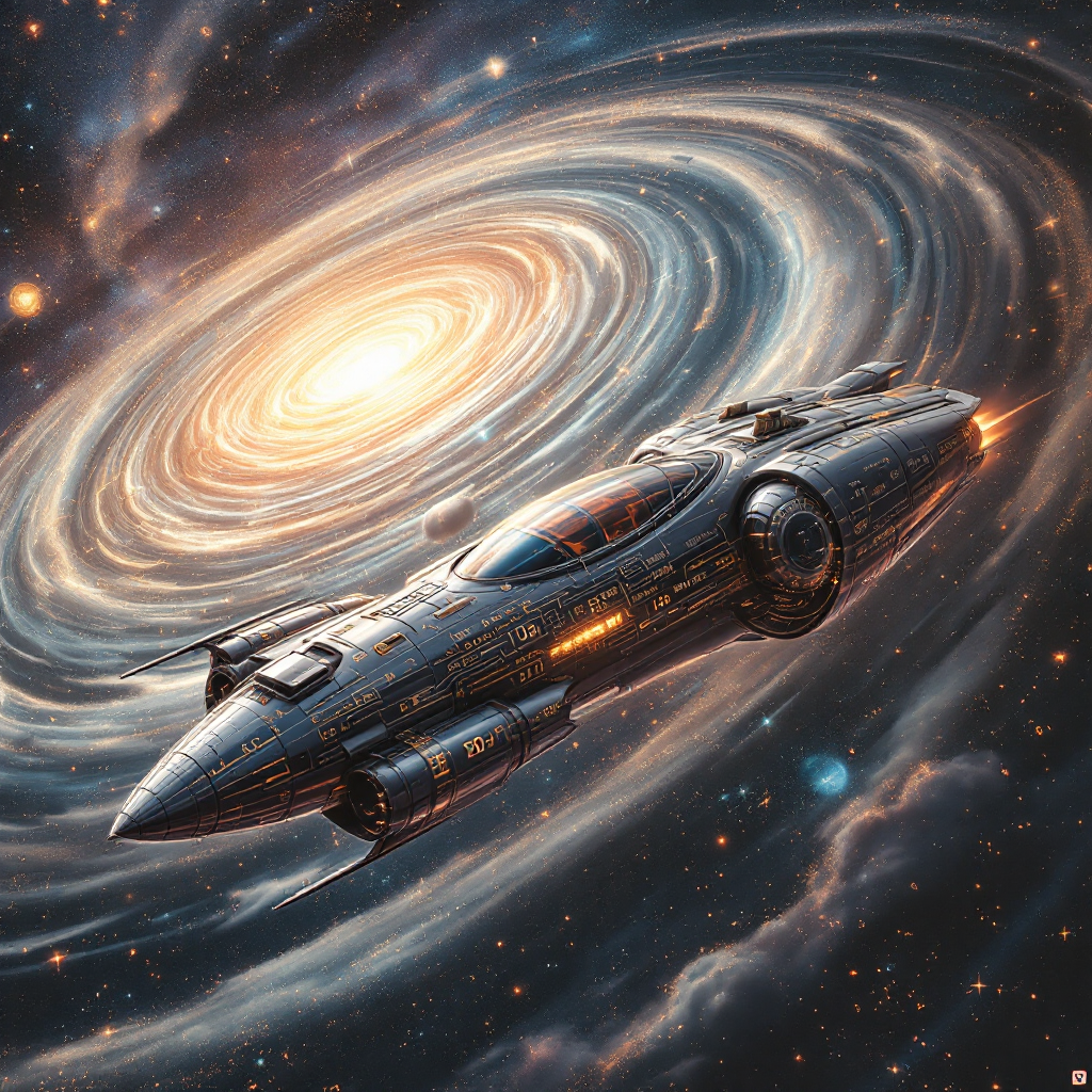 A sleek spaceship navigates a swirling galaxy, embodying the beauty of rationality and function in a cosmic landscape, reflecting on the harmony of machines and nature.