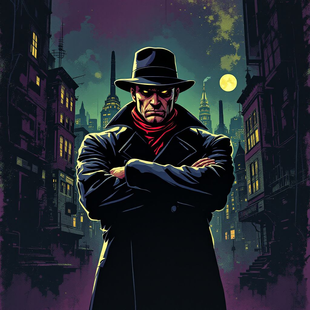 A brooding figure in a fedora and trench coat stands in a dimly lit city street, crossing his arms, with a glowing moon overhead, echoing the quote about guessing.