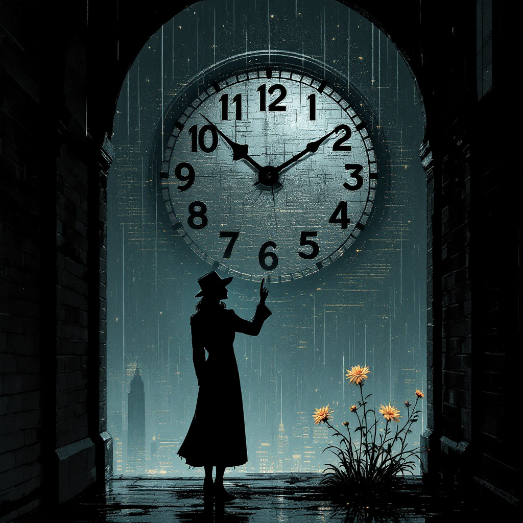 A silhouette of a woman in a rain-soaked archway stands before a large clock, symbolizing the fleeting nature of life, with blooming flowers representing hidden miracles.