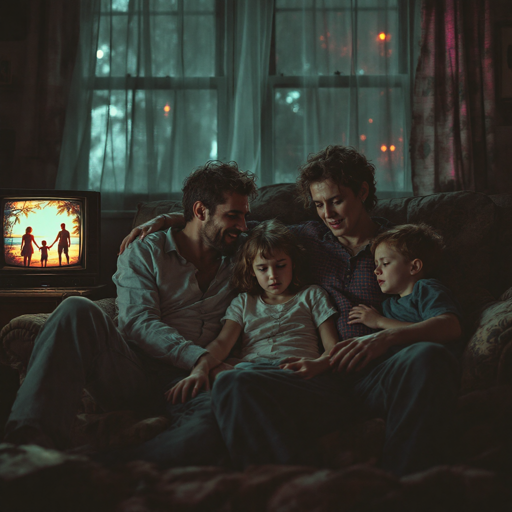 A family of four sits together on a couch, sharing a quiet moment. The room is dimly lit, with a nostalgic TV in the background, illustrating the balance of connection and confinement in family ties.