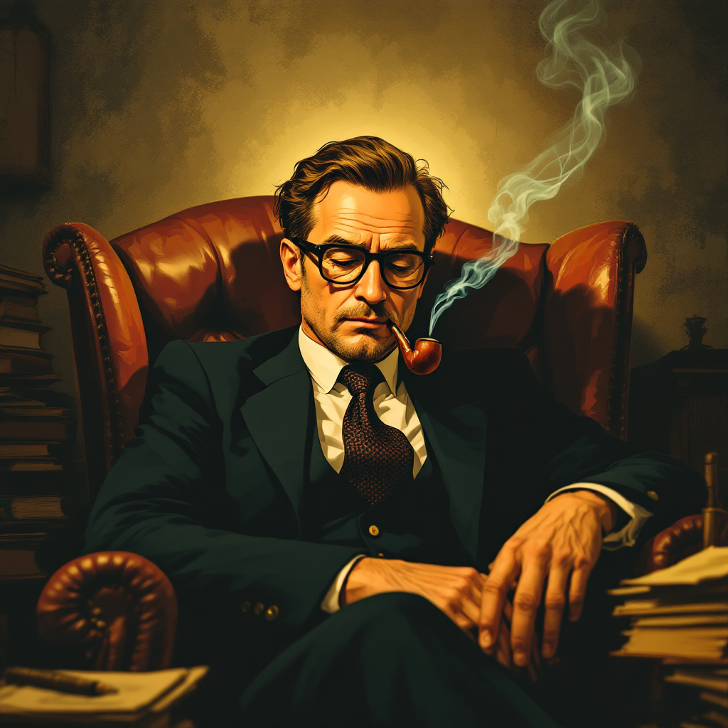 A contemplative man in a suit sits in an armchair, smoking a pipe. Surrounded by books, his expression reflects the wisdom found in the quote, It is not wise to be wiser than is necessary.