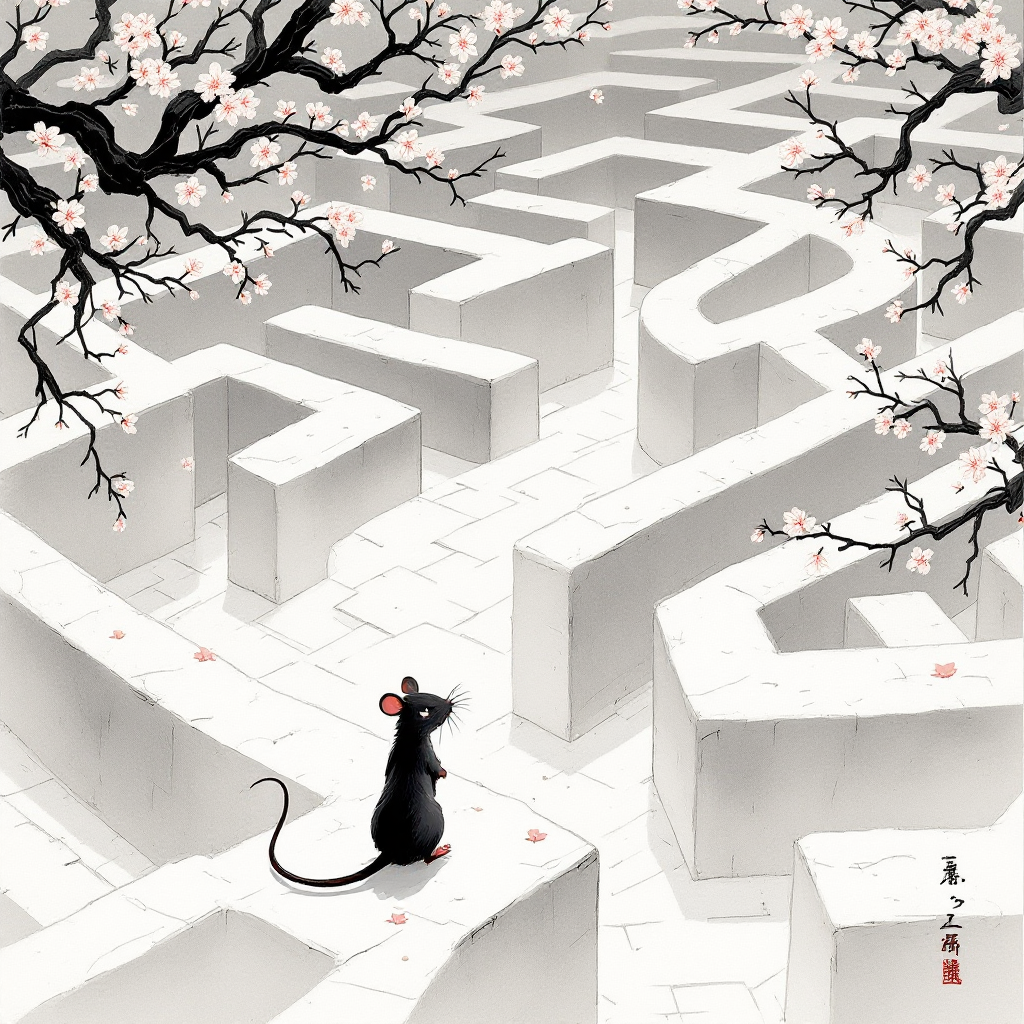 A black rat stands at the entrance of a white maze, surrounded by delicate cherry blossom branches, embodying the quote about freedom within constraints.