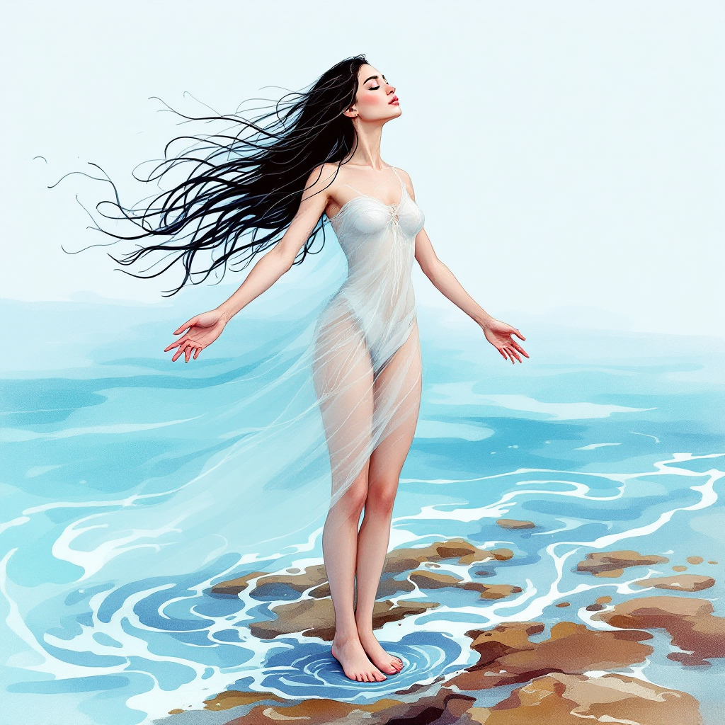 A woman stands confidently on rocky shore, water swirling around her feet, with flowing hair and a translucent garment, embodying resilience and strength amid life's storms.