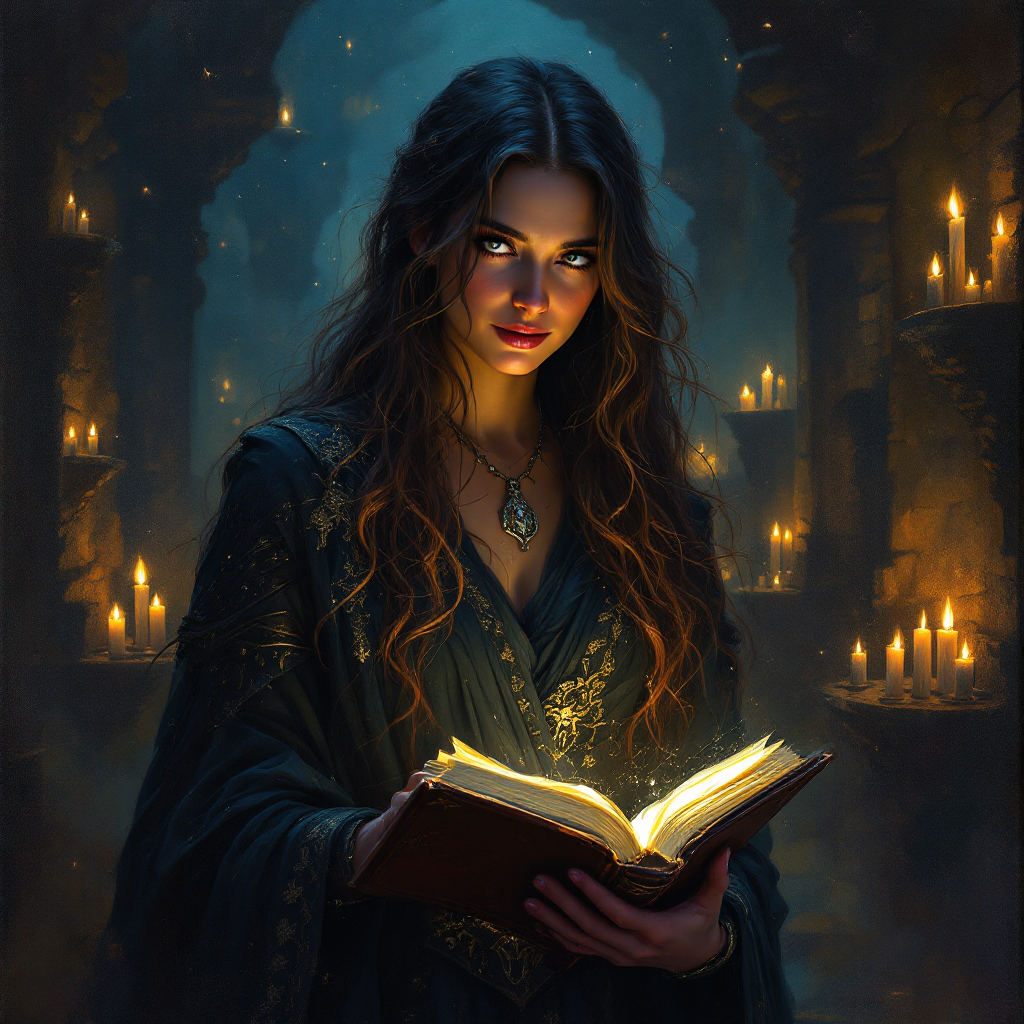 A young woman in a dark, candlelit space reads from a glowing book, embodying the idea that knowledge is a potent tool, expertly wielded by the wise.