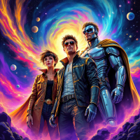 A heroic trio stands confidently against a vibrant cosmic background, embodying the blend of intellect and strength that shapes the future. Energetic colors swirl around them, symbolizing potential.