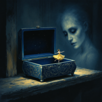 A delicate dancer twirls inside an ornate blue music box, while a ghostly figure gazes intently, embodying the quote about lost things returning in unexpected ways.