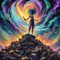 A powerful figure stands atop a towering stack of books, wielding a glowing torch against a vibrant cosmic backdrop, symbolizing resilience and the relentless pursuit of knowledge.