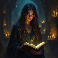 A young woman in a dark, candlelit space reads from a glowing book, embodying the idea that knowledge is a potent tool, expertly wielded by the wise.