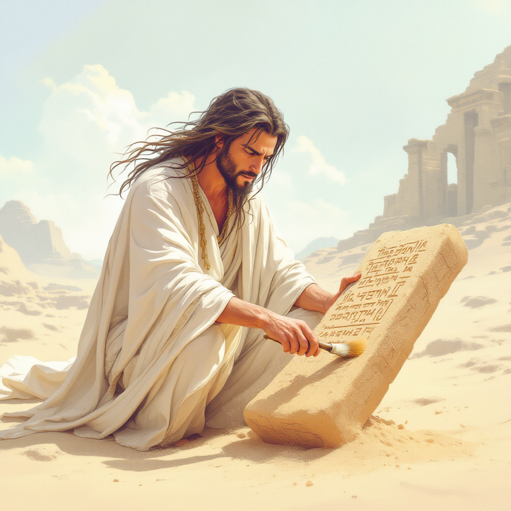 A figure in flowing white robes kneels in a desert, carefully inscribing on a stone tablet, symbolizing the connection between past and present, with ancient ruins in the background.