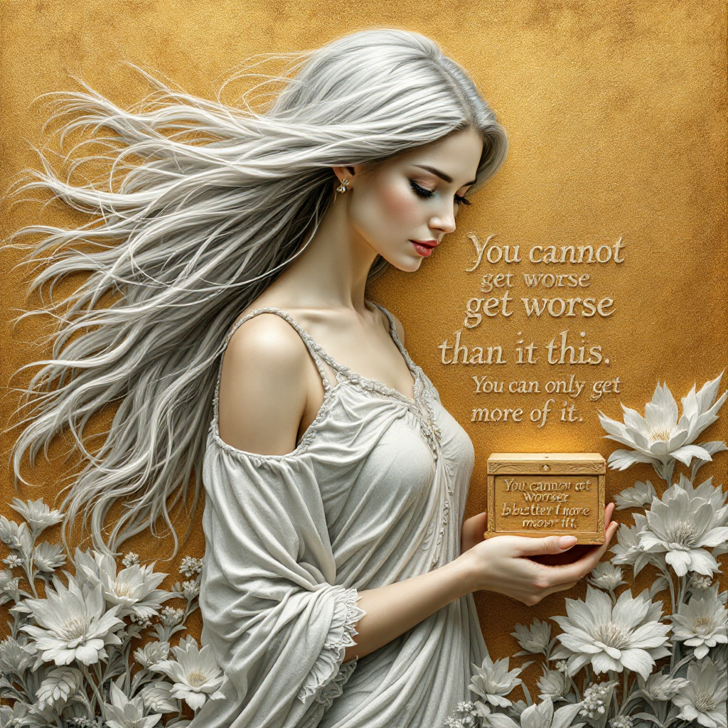 A woman with long, flowing hair holds a small box, surrounded by white flowers and golden hues, featuring the quote: You cannot get worse than this. You can only get more of it.