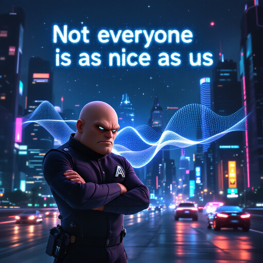 A serious, muscular character stands confidently in a vibrant cityscape at night, illuminated by colorful lights. Above, the quote Not everyone is as nice as us is displayed prominently.