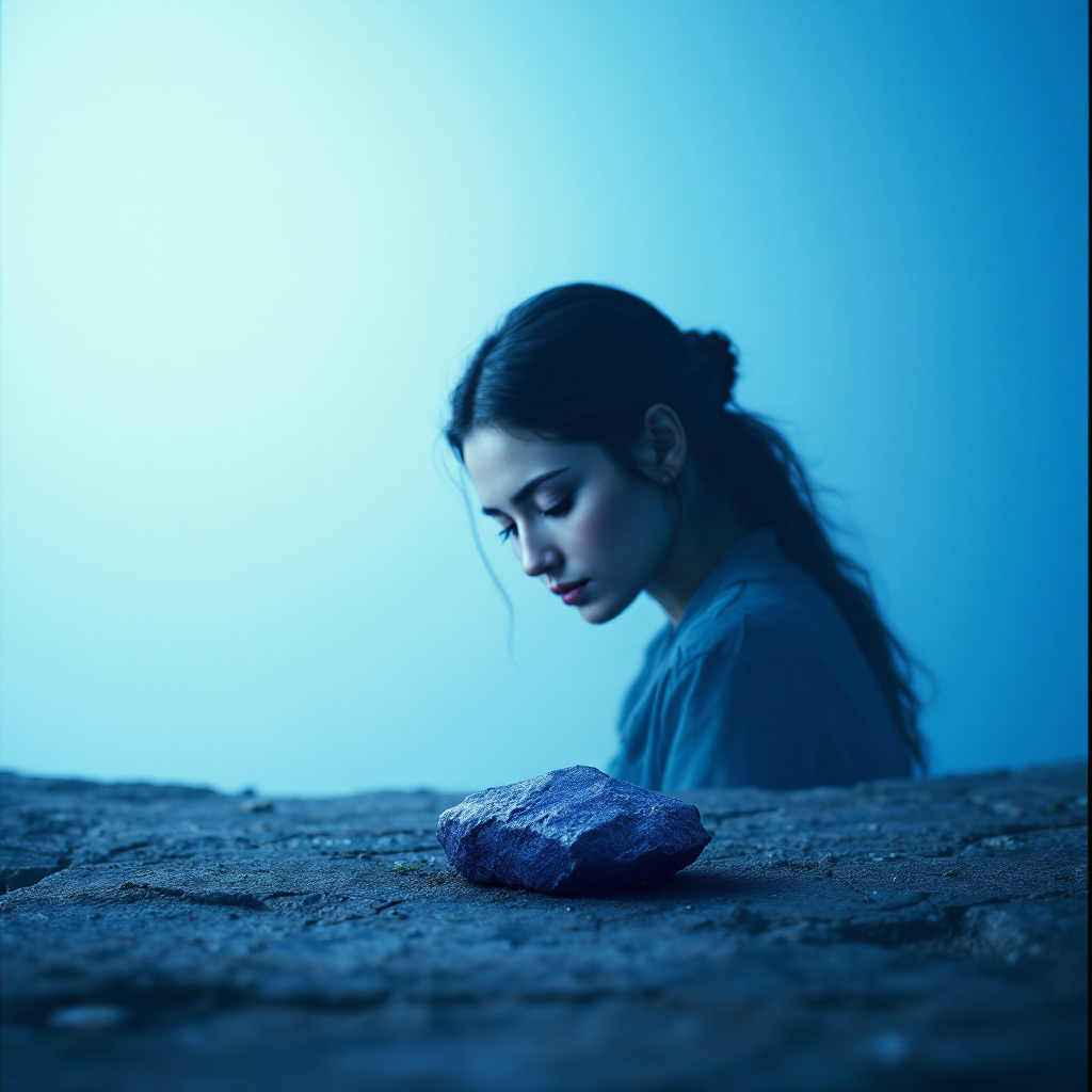 A young woman with long hair gazes thoughtfully downward, a small purple stone in the foreground, set against a serene blue backdrop, reflecting on seemingly small yet significant choices.