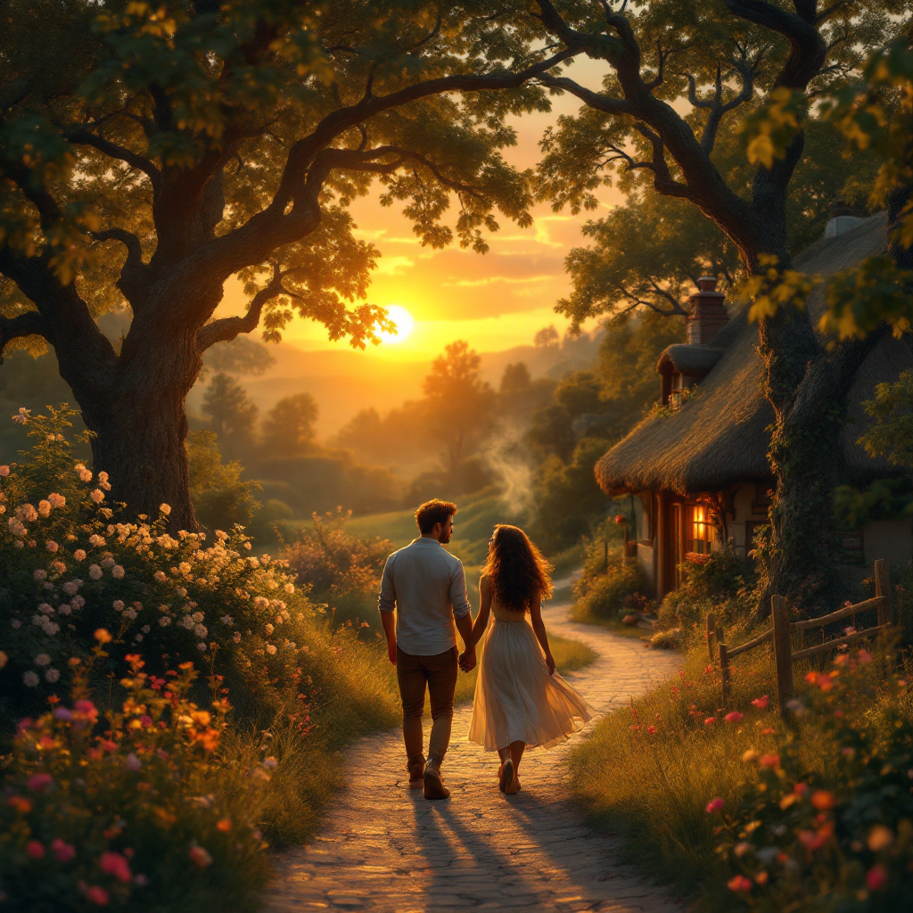 A couple walks hand in hand along a sunlit path, framed by blooming flowers and lush trees, embodying the transformative power of love at sunset.