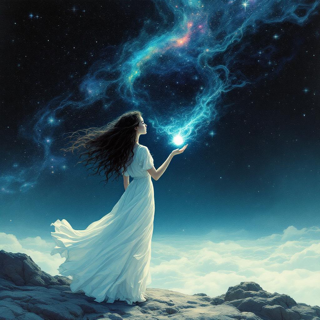 A woman in a flowing white dress stands on a rocky outcrop, holding a glowing orb amidst a starry sky, embodying the quote Hope is not a plan. 