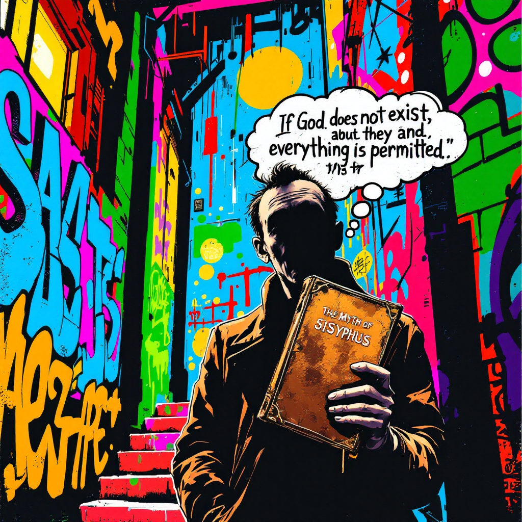 A figure in shadow stands in a vibrant, graffiti-filled alley, holding a book. A speech bubble quotes, If God does not exist, everything is permitted.