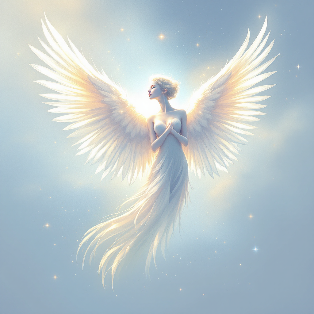 A celestial figure with radiant wings stands against a soft, ethereal background, embodying the essence of hope as expressed in the quote Hope is a thing with feathers.