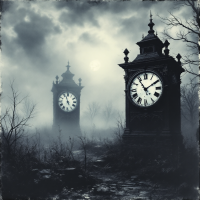 Two ornate clocks stand in a misty landscape under a cloudy sky, marking the eerie atmosphere of a bright cold day in April, as described in the quote about clocks striking thirteen.