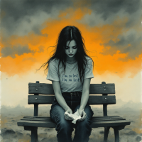 A girl with long dark hair sits alone on a bench, looking down at a crumpled paper in her hands. The sky behind her is ominously orange and gray, reflecting a sense of deep sadness.