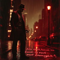 A figure in a dark trench coat and hat stands on a rain-soaked street, holding a book. Red streetlights illuminate the quote, In the end, love is not enough! in bold letters.