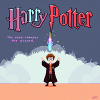 A whimsical illustration featuring a young wizard in a black robe with glasses, surrounded by colorful magic, alongside the text Harry Potter and the quote: The wand chooses the wizard.