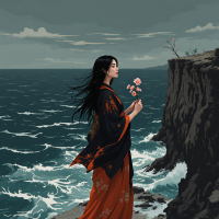 A woman in a flowing orange dress stands on a cliff by the ocean, holding flowers, embodying the choice between accepting fate and fighting against it. Stormy skies reflect her contemplation.